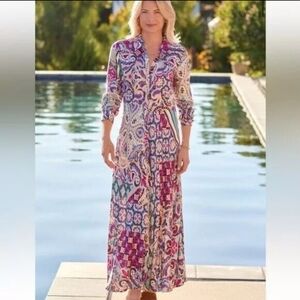 Soft Surroundings Palmero Dress, Floral Fuscia Maxi Soho Shirtdress Pink Gold